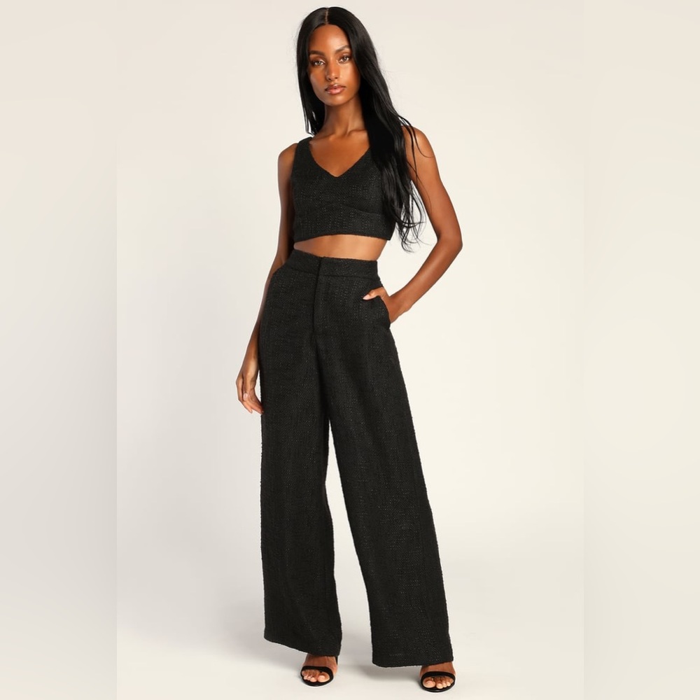 Lulus Chic and Sophisticated Black Tweed Wide-Leg Pants